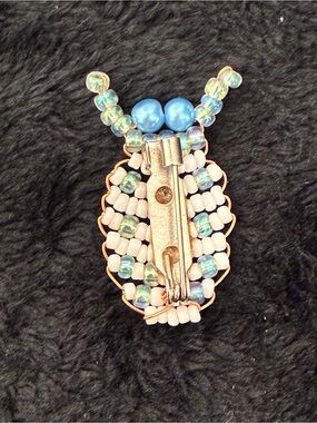Unk Blue and Pink Beaded Bug Brooch